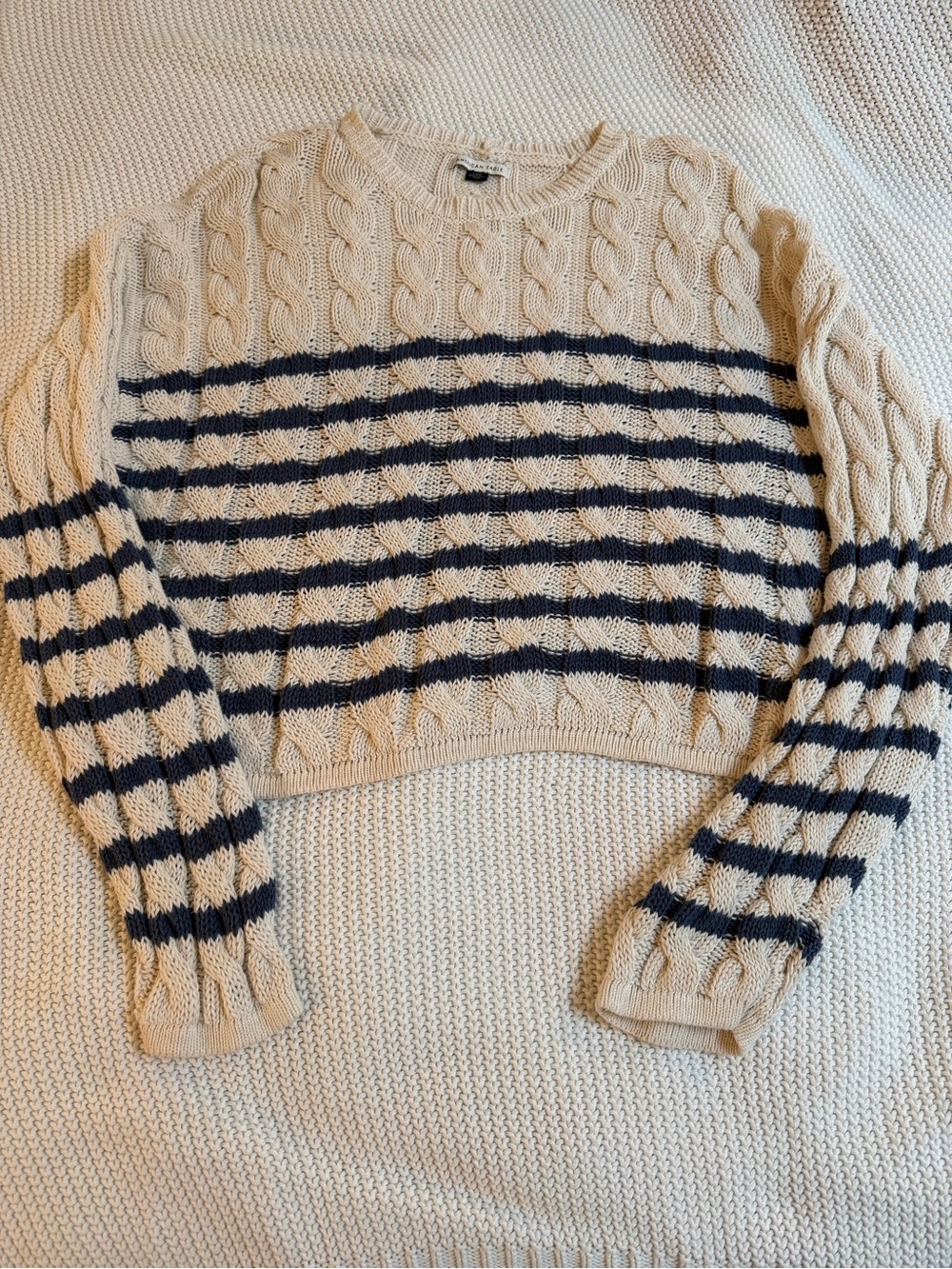American Eagle Outfitters Cream & Navy Striped Cable-Knit Cropped Sweater